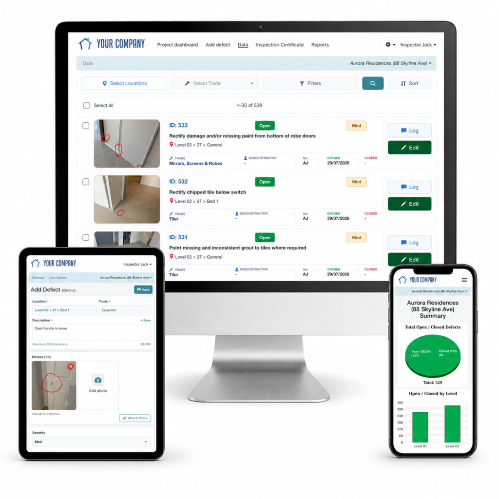InspectaMate building inspection software displayed on desktop, tablet and mobile devices