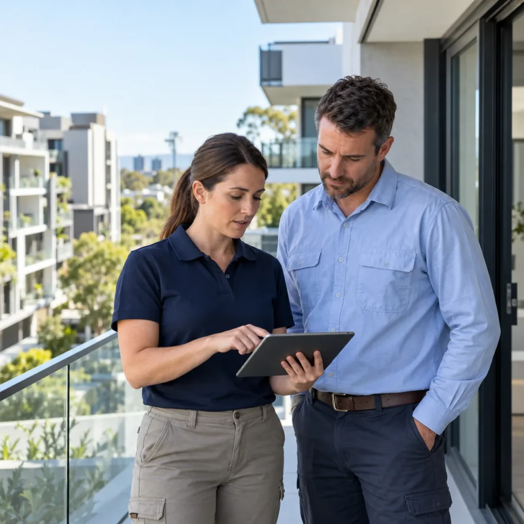 Two inspection professionals reviewing a tablet on a modern apartment balcony.