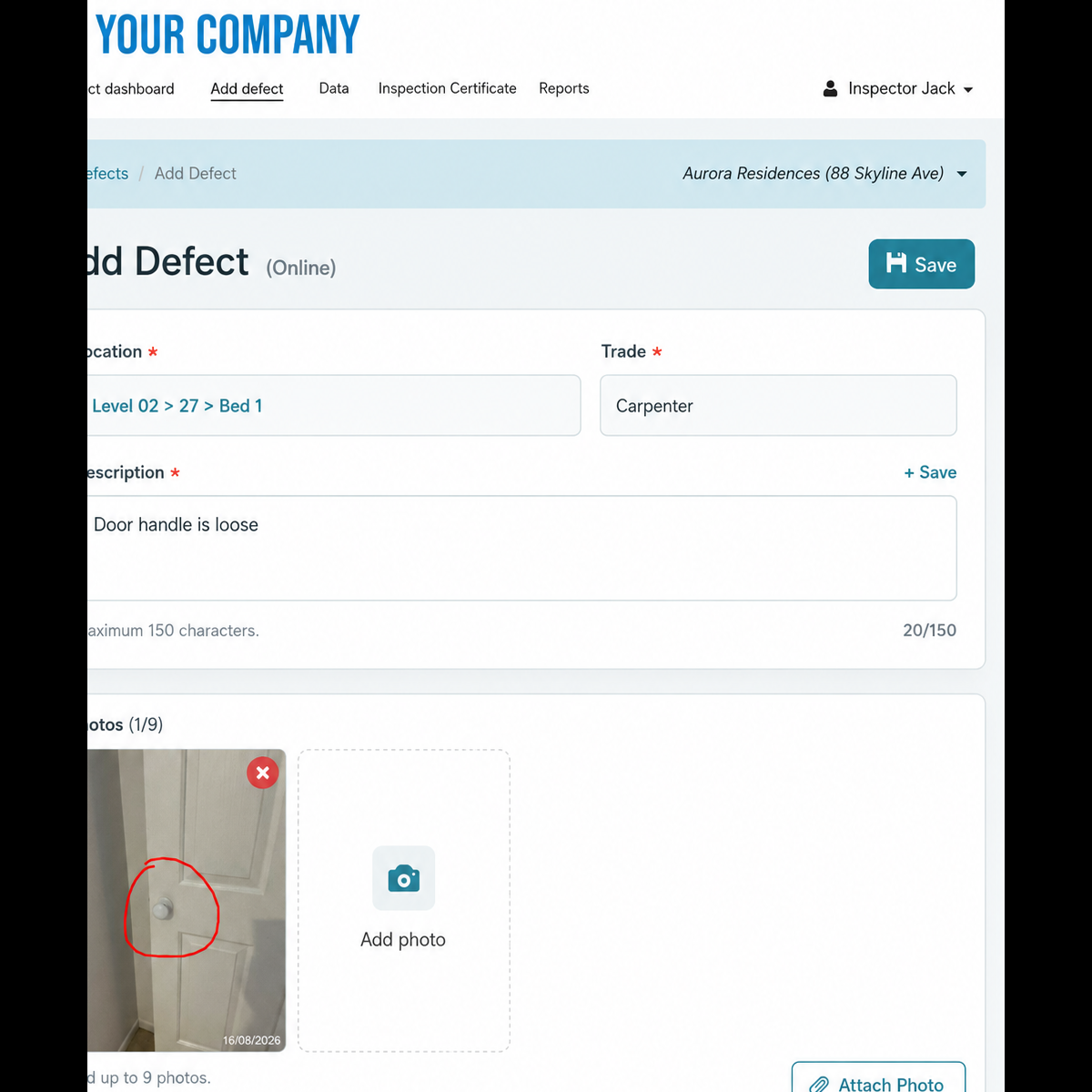 Record construction defects and attach annotated photos using InspectaMate. InspectaMate building inspection software interface for recording a defect and attaching annotated photos