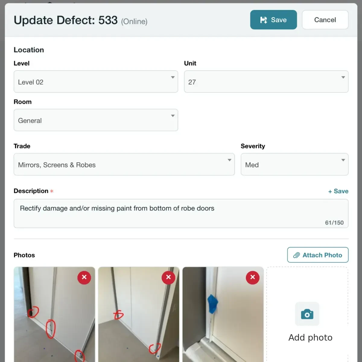 Edit defect details, locations, trades, severity and attached inspection photos. Editing a building inspection defect and attached photos in InspectaMate software