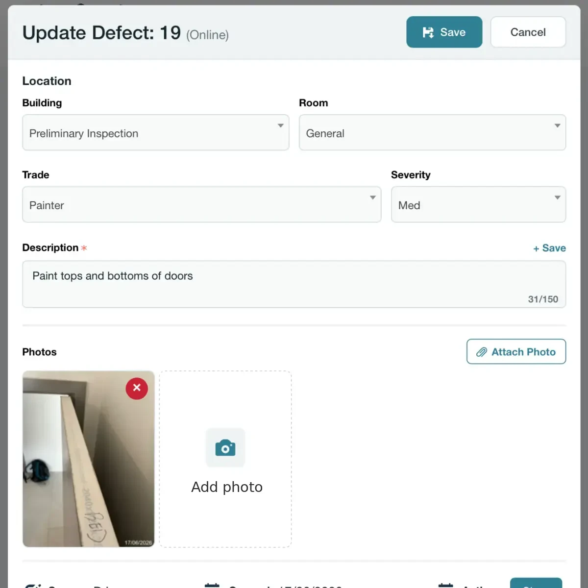 Update defect information, attach photos and close completed inspection items. InspectaMate update defect screen with photo attachment and close-out controls
