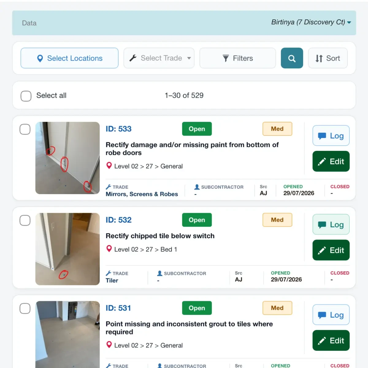 View, search and filter building defects by location, trade, status and severity. InspectaMate defect management software displaying searchable building inspection defects