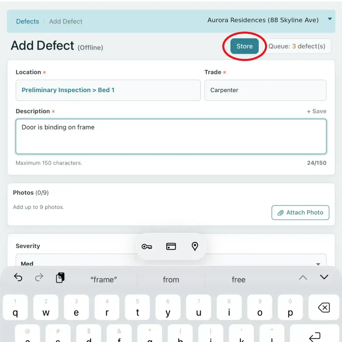 Record and store building defects while working without an internet connection. InspectaMate offline building inspection software with the Store button highlighted